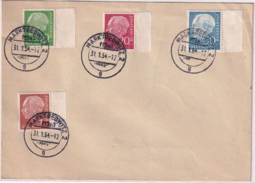 BRD - 30+20+10+4 Pfg. Heuss I Blankokuvert/FDC Marktheidenfeld 31.1.54