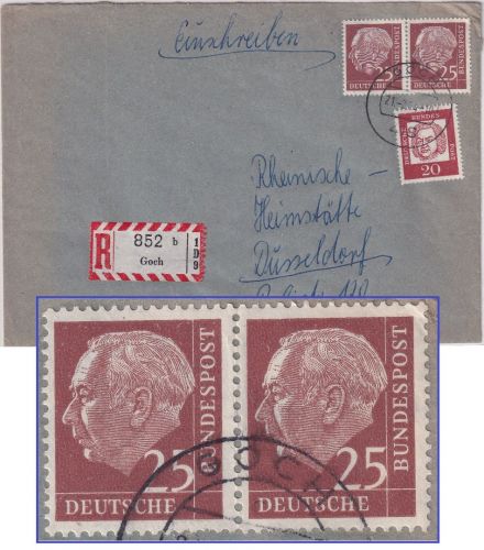 BRD - 25 Pfg. Heuss II waagr. Paar u.a. Enschreibebrief Goch - Düsseldorf 1964