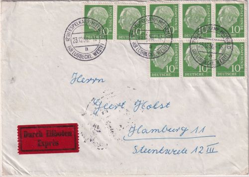 BRD - 8x10 Pfg. Heuss I Eilbrief Espelkamp-Mittwald - hamburg 1958
