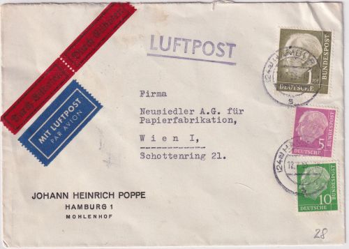 BRD - 1 DM+10+5 Pfg. Heuss I Luftpost-Eilbrief n. ÖSTERREICH Hamburg Wien 1955