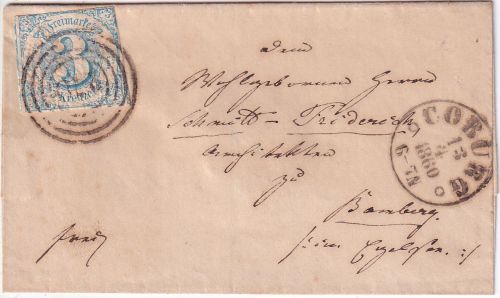 Thurn&Taxis - 3 Kr. geschn. Brief Ring 270 K1 Coburg 13/4 1860 n. Bamberg