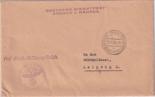 B&M - Prag Dt. Dienstpost Frei d. Ablösung Ordnungspolizei Brief n. Leipzig 1939