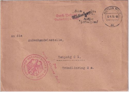 DR - Berlin 1936 Frei d. Ablösung Dt. Gesandtschaft Oslo Brief n. Leipzig