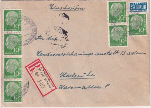 BRD - 7x10 Pfg. Heuss I Einschreibebrief Ettenheimmünster - Karlsruhe 1955