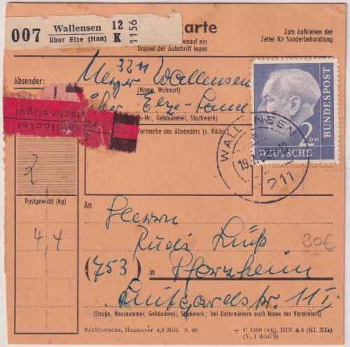BRD - 2 DM Heuss I Schnellpaketkarte Wallensen ü. Elze - Pforzheim 1962