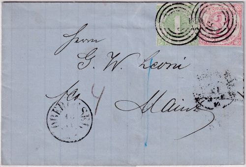 Thurn&Taxis - 1 Kr. dst. + 3 Kr. geschn. Brief Ring 339 K1 Oberusel - Mainz 1865