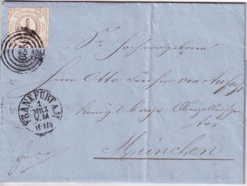 Thurn&Taxis - 9 Kr. geschn. Brief Ring 220 K1 Frankfurt a/M 1.MRZ - München 1864