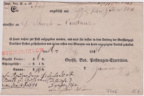 Baden - Steisslingen roter L1 Fahrpost-Aufgabeschein 1851 Teilvordruck