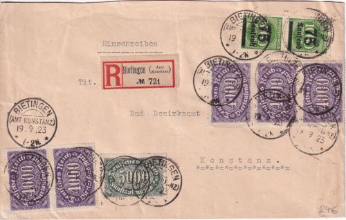 DR-Infla - 5x4.000 M. Queroval u.a. Einschreibebrief KOS Bietingen 19.9.23