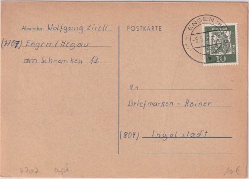 BRD - Engen (Hegau) 6.6.62 aptierter Tagesstempel Karte n. Ingolstadt