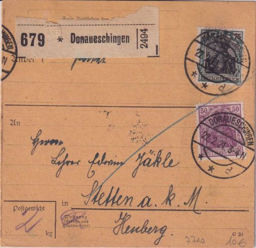 DR - 75+60 Pfg. Germania Paketkarte Donaueschingen - Stetten a.k.M. 1921