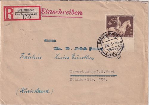 DR - 42 Pfg. Braunes Band Einschreibebrief Bräunlingen ü. Donaueschingen 1943