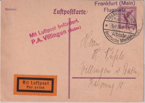 DR - P.A.Villingen Mit Luftpost befördert roter L2 15 Pfg. Ganzsache v. FFM 1926