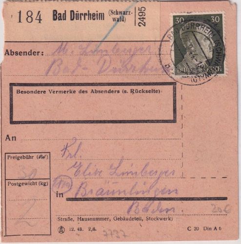 DR - 30 Pfg. AH Paketkarte Bad Dürrheim - Bräunlingen 1944