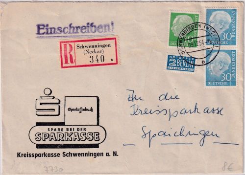 BRD - 2x30+10 Pfg. Heuss I illustr. Einschreibebrief Schwenningen 1954