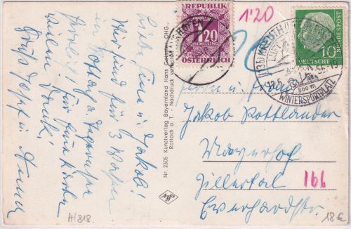 BRD - 10 Pfg. Heuss I Karte n. ÖSTERREICH Kreuth - Mayrhofen 1956 Nachporto
