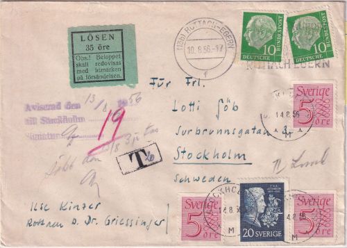 BRD - 2x10 Pfg. Heuss I Brief n. SCHWEDEN Rottach-Egern 1956 Nachporto