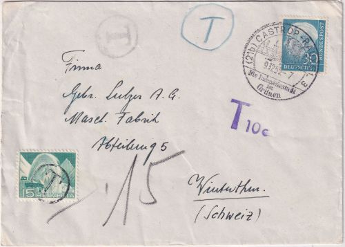 BRD - 30 Pfg Heuss I Brief i.d. SCHWEIZ Castrop-Rauxel Winterthur 1955 Nachporto