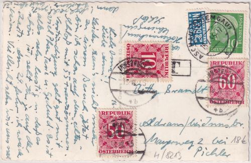 BRD - 10 Pfg Heuss I Karte n. ÖSTERREICH Aschau - Innsbruck 1955 - Nachporto