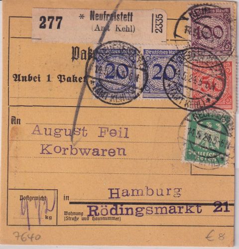 DR - 100 Pfg. Korbdeckel u.a. Paketkarte Neufreistett - Hamburg 1924