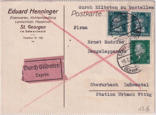 DR - 2x20 Pfg. Beethoven u.a. Eilkarte St. Georgen - Oberurbach 1929