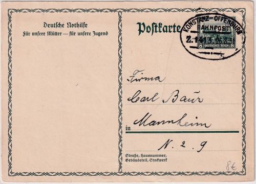 DR - Konstanz Offenburg Bahnpost Z. 1413 8 Pfg. Nothilfe GA Fohrenbühl 1931