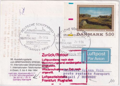 Dänemark/Postsperre - Luftpostkarte ü. Schiffspost n. BURUNDI 1994 Retour