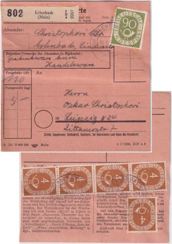 BRD - 90+5x4 Pfg. Posthorn Paketkarte Erlenbach - Leipzig 10.9.54
