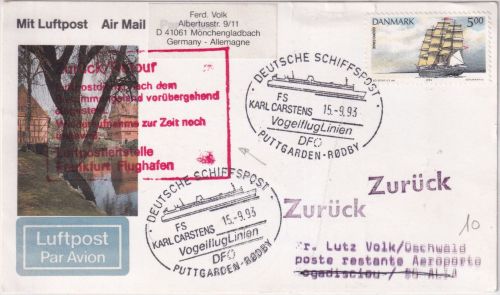 Dänemark/Postsperre - Luftpostkarte ü. Schiffspost n. SOMALIA 1993 Retour