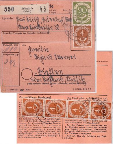 BRD - 90+5x4 Pfg. Posthorn Paketkarte Erlenbach - Ruhland/Lausitz 22.7.54