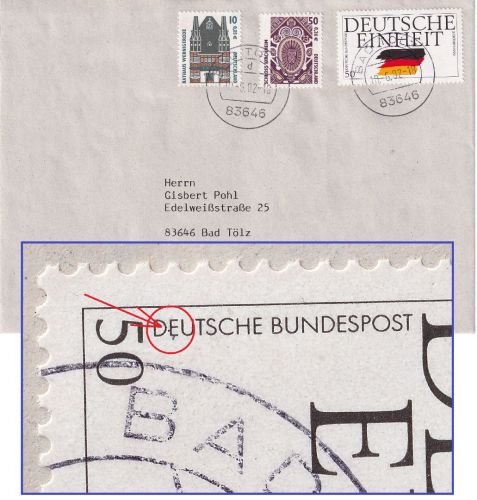 BRD - 50 Pfg. Deutsche Einheit Plattenfehler II Ortsbrief Bad Tölz 2002