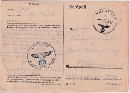 DR - Fp.Nr. 47582 (Trp. Entgiftungs-Kp. 568) Feldpostkarte n. München 1942