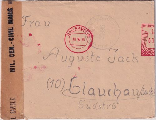 All.Bes. - Bad Nauheim 30.10.45 apt. 12 Pfg. AFS Zensurbrief n. Glauchau