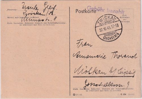 All.Bes. - Zwickau 4 22.10.45 Gebühr bezahlt L1 Karte n. Mölkau