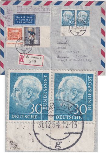 BRD - 30 Pfg Heuss I waagr. Paar Lupo-Einschreibebrief i.d. TÜRKEI Koblenz 1954