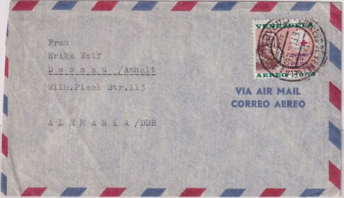 Venezuela - 75 C. 100 J. Rotes Kreuz Luftpostbrief Caracas - Dessau 1965