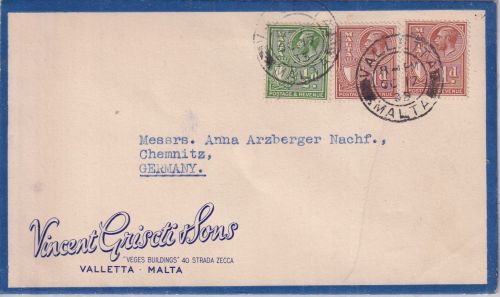 Malta - 2x1+1/2 P. Freimarken Firmenbrief (Gristi&Sons) Valetta - Chemnitz 1935