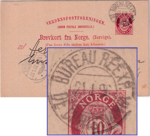 Norwegen - 10 Ö. Ganzsache K2 Bureau Reexp. De Christiania (Bahnpost) n Chemnitz