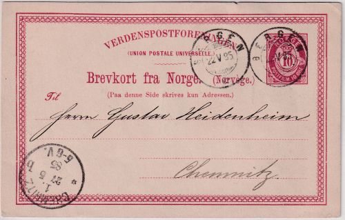Norwegen - 10 Ö. Posthorn Ganzsache Bergen - Chemnitz 1885 - Judaika !