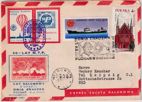 Polen - Posen 9.10.71 Ballonpost Schmuckkuvert m. Vignette n. Leipzig