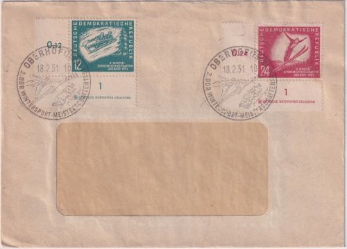 DDR - 12+24 Pfg. Wintersport Oberhof Bogenecken mit Druckerzeichen SST 1951