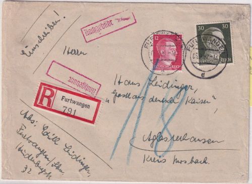 DR - 12+30 Pfg. AH Einschreibebrief Furtwangen - Aglasterhausen 1942 Nachporto