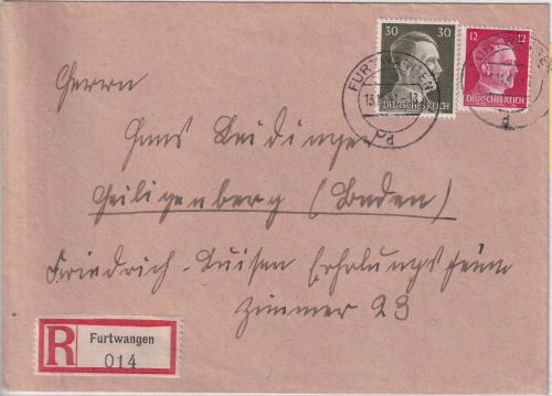 DR - 12+30 Pfg. AH Einschreibebrief Furtwangen - Heiligenberg 1941