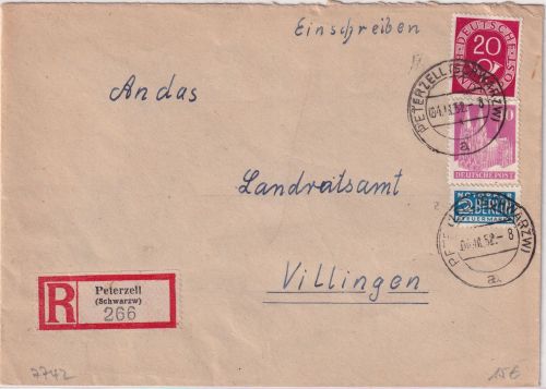 BRD - 20+40 Pfg. Posthorn/Bauten Einschreibebrief Peterzell - Villingen 1952