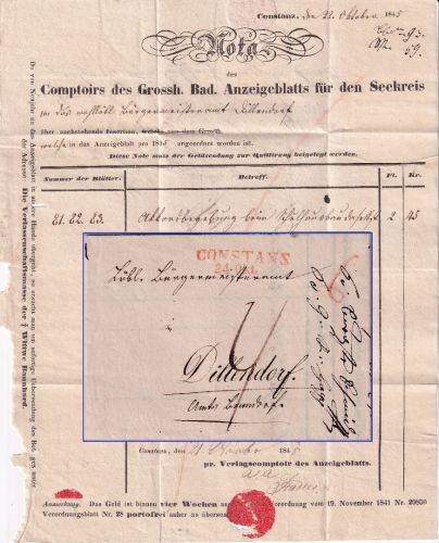 Baden - Constanz 24. Okt. roter L2 Portobrief n. Nordhalden 1845 - mit Inhalt