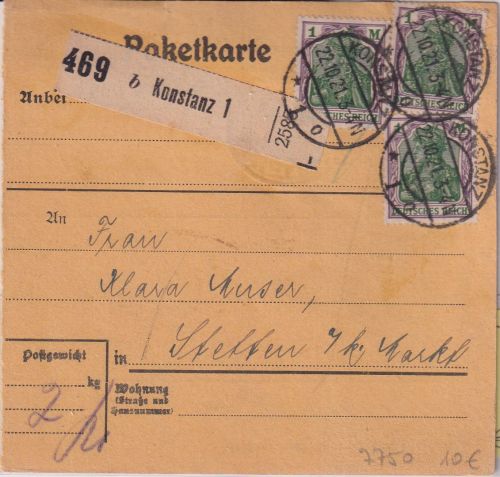 DR - 3x1 M. Germania Paketkarte Konstanz - Stetten a.k.M. 1921