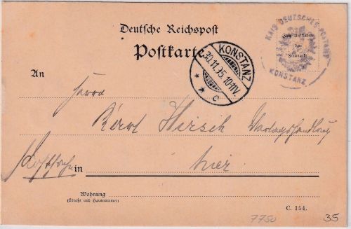 DR - Konstanz 1895 Ortskarte/Postsache m. Posdtamtsiegel