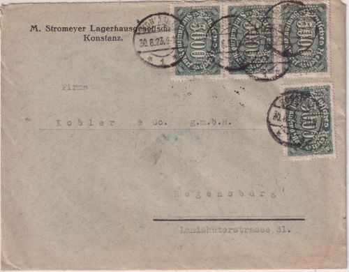 DR-Infla - 4x5.000 M. Queroval Perfin "MSK" Brief Konstanz - Regenburg 30.8.23