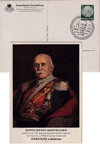 DR - Konstanz 1938 Zeppelinpost-Ausstellung 100. Geb. 6 Pfg. Privatganzsache SST