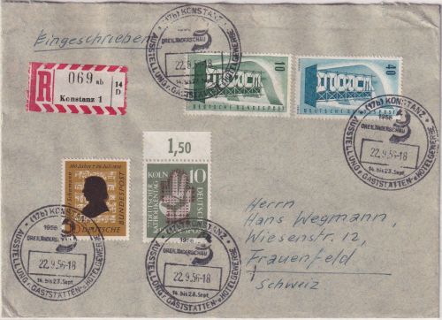 BRD - Konstanz 1956 Einschreibebrief/Grenztarif i.d. SCHWEIZ n. Frauenfeld